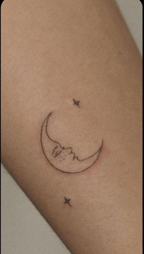 Cute Simple Girly Tattoos, Cute Moon Tattoos For Women, Simple Stars And Moon Tattoo, Subtle Moon Tattoo, Cresent Tattoo Designs, Cutesy Tattoos Simple, Crescent Moon Tattoo With Face, Sweet Dreams Tattoo, Tattoo Star And Moon