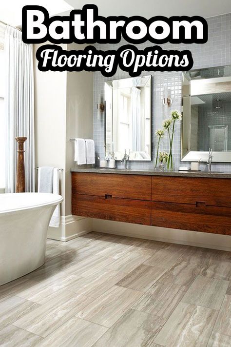 Exploring bathroom flooring options including vinyl, tile, cork, hardwood, engineered wood, bamboo, laminate & stone. About waterproofing. Bathroom Flooring Options, Laminate Tile Flooring, Best Bathroom Flooring, Waterproof Laminate Flooring, Entryway Inspiration, Bamboo Flooring, Vinyl Tile, Flooring Options, Laminate Flooring