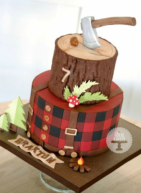 Lumberjack cake                                                                                                                                                                                 Mais Lumberjack Baby Shower Cake, Baby Shower Cake Ideas, Lumberjack Cake, Lumberjack Birthday Party, Lumberjack Baby Shower, Lumberjack Baby, Lumberjack Birthday, Cakes For Men, Unique Cakes