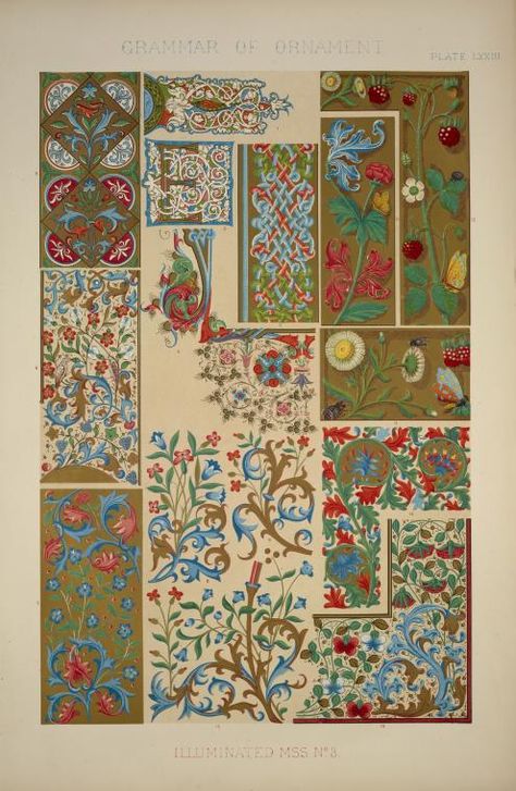 Medieval Ornament Illuminated Manuscripts no. 3: Portions of illuminated manuscripts of the fourteenth and fifteenth cen... (1856) Medieval Ornament, Gothic Ornament, Grammar Of Ornament, Manuscript Art, Illustrated Manuscript, Ceiling Murals, University Of Iowa, Book Of Kells, Medieval Manuscript