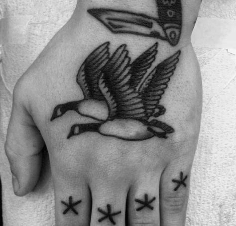 Goose Tattoos, Swallow Hand Tattoo, Goose Tattoo, Moose Tattoo, Canada Tattoo, Traditional Black Tattoo, Matching Tats, Tattoo Ideas For Men, Tattoo Graphic