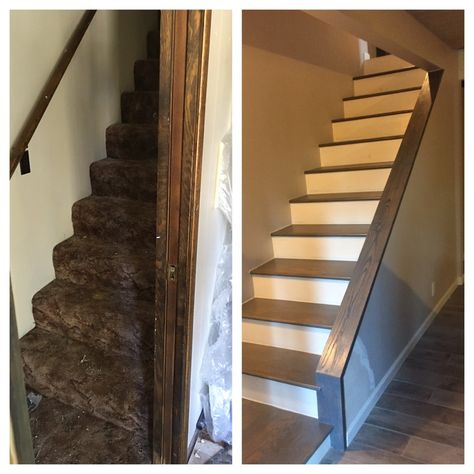 Before and after staircase opened up- added landing at the bottom and rebuilt staircase so it is less steep Small Open Staircase Ideas, Closed To Open Staircase Remodel, Open Staircase Before And After, Opening Up A Staircase Before And After, Opening A Closed Staircase, Open Enclosed Staircase, Narrow Steep Staircase Ideas, Staircase Makeover Before After, Open Up Basement Staircase