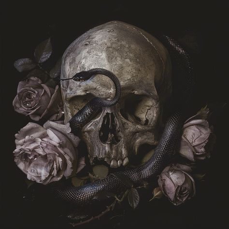 In the shadows, where roses wilt and serpents glide, beauty intertwines with the macabre. 🌹💀 #DarkBeauty #MementoMori #SerpentAndSkull #EternalElegance #GothicGardens #NoirNature #MysteryAndMajesty #FloralFacade #VenomAndVanity #DecayAndDelicacy #RoseRequiem #MysticMoments #DarkAesthetics #NatureNocturne #SombreBloom #CreepAndChic #GothicGlamour #SkullSanctuary #FatalFascination #BloomAndDoom #SinisterSerenity #NocturnalNature #PoisonAndPetals #LethalLuxury #WhisperOfTheWicked #GardenOfTheNig... Book Cover Art Ideas, Trick Pictures, Skull Reference, Gothic Photography, Whispers In The Dark, Gothic Garden, Witchy Wallpaper, Gothic Aesthetic, Skulls And Roses