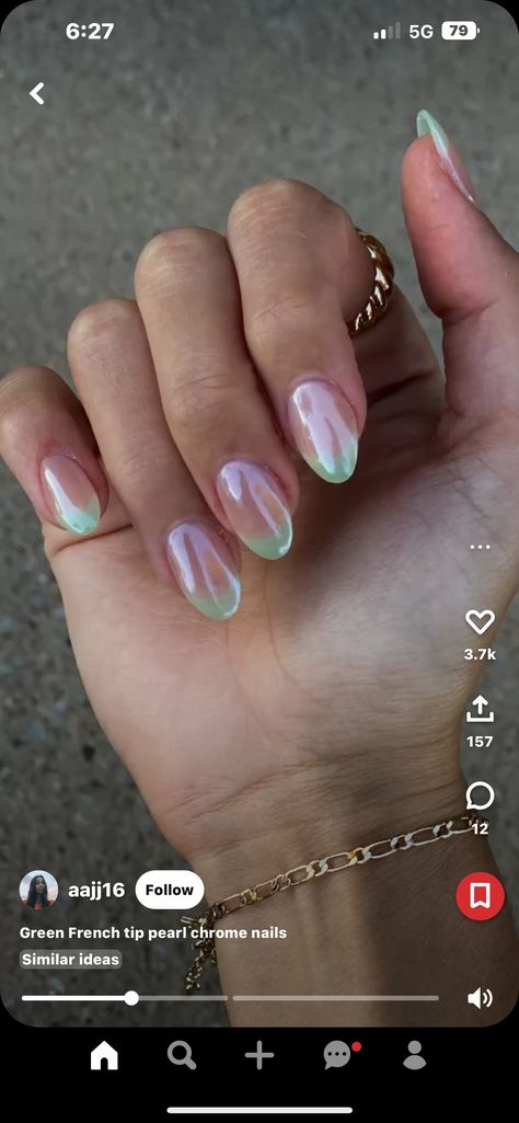 Pastel Chrome French Tip Nails, Blue Chrome Nails Designs French, Light Green Chrome French Tip Nails, Seafoam Chrome Nails, Green French Tip With Chrome, Mint Green French Nails, Mint Green Chrome Nails, Mint French Tip Nails, Green Chrome French Tip