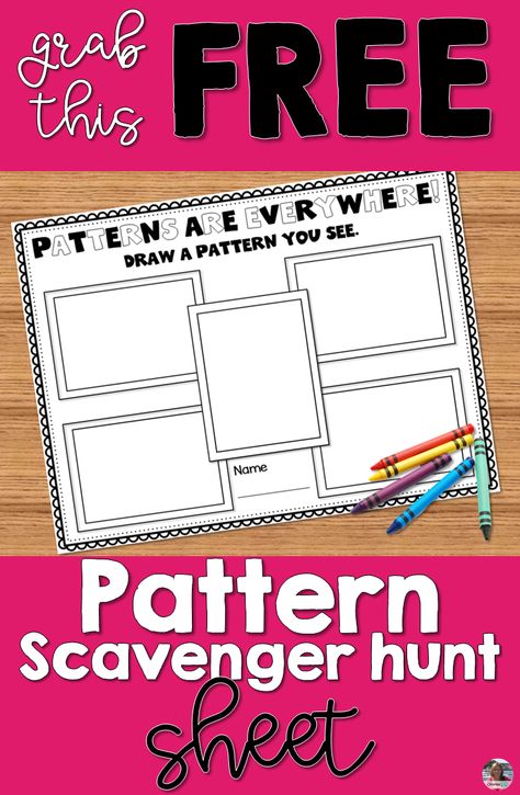 Grab this patterning worksheet and have your students go on a scavenger hunt for patterns around your classroom or school. Students will look for geometric and repeating patterns and record them by either drawing a picture of what they see or writing about it. #patterningactivities #patternworksheet #patterningworksheet #worksheetsforfirstgrade #firstgrademathworksheets Grade One Patterning Activities, Hands On Pattern Activities, Patterning In Kindergarten, Patterns Grade 1, Pattern Activities For Kindergarten, Math Patterns Activities, Math Art Activities, Activities For First Grade, Drawing A Picture