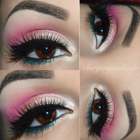 Teal Eyeshadow Looks, Pink Eyeshadow Looks, Teal Eyeshadow, Pink Eyeshadow Look, Pin Up Makeup, Bright Eye Makeup, Purple Eye Makeup, Subtle Makeup, Eyeshadow For Brown Eyes