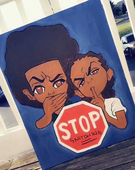 Canvas Painting Boondocks, Canvas Wall Collage Painted, Boondocks Canvas Painting Ideas, The Boondocks Canvas Painting, Painting Ideas On Canvas Boondocks, Riley Boondocks Painting, Boondocks Drawings Easy, Boondocks Painting Canvas Easy, The Boondocks Painting