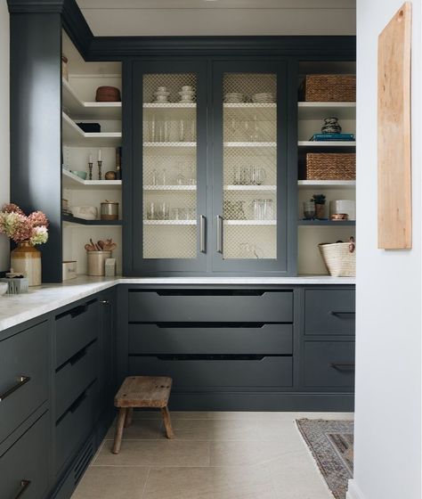 6,759 Likes, 150 Comments - Kate Marker Interiors (@katemarkerinteriors) on Instagram: “Bold and beautiful! A pantry like this deserves a personality of its own. #twoeyesondesignclient…” Kate Marker Interiors, Butlers Pantry, Large Pantry, Gray Cabinets, Studio Interior Design, Living Room Design Inspiration, H Design, Butler's Pantry, Studio Interior