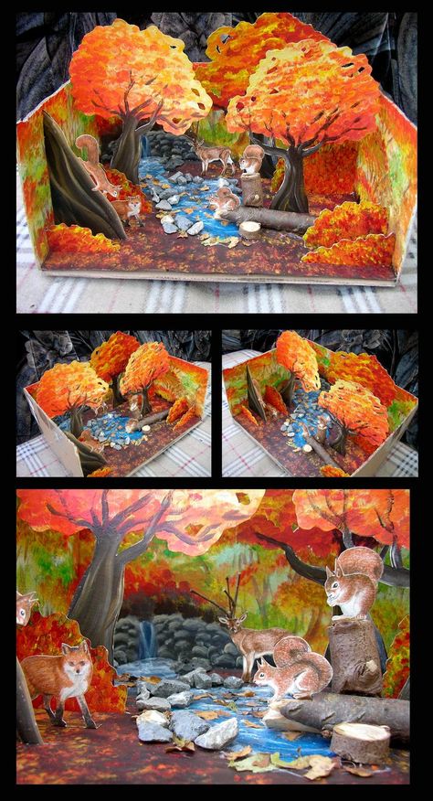 Autumnal diorama Temperate Deciduous Forest Diorama, Diorama Aesthetic, Autumn Diorama, Thanksgiving Diorama, Fall Diorama, Diaroma Ideas, Shoe Box Diorama, Diorama Paper, Paper Diorama