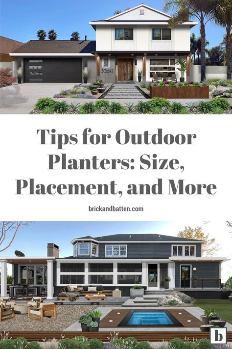 Planters can seriously spruce up your outdoor space and boost your home’s curb appeal. They can make an entryway more inviting, bring a deck area to life, and much more.Outdoor planters come in all shapes, sizes, and materials — from big Corten steel containers to smaller, lightweight varieties. In this article, we share our top tips for choosing the perfect outdoor planters for your home. #brickandbatten #planterpot #planterbox #planterior #containerplants Make An Entryway, Deck Roof, Large Planter Boxes, Oversized Planters, Front Door Planters, Big Planters, Deck Planters, Large Outdoor Planters, Entry Ideas