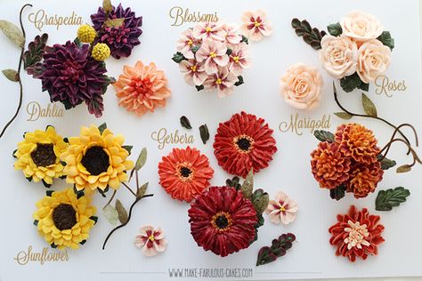 Red Buttercream Flowers, Buttercream Fall Flowers Tutorial, Fall Flowers Cake Buttercream, Fall Floral Cakes Buttercream, Buttercream Fall Flowers, Fall Flower Cake Ideas, Realistic Buttercream Flowers, Fall Buttercream Flowers, Handbag Cake Tutorial