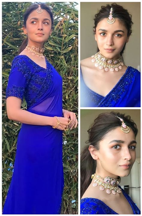 Alia Bhatt Bridesmaid Look, Alia Bhatt Jewellery, Blue Saree Jewellery, Black Long Dress Indian, Black Desi Wedding Dress, Dress Indian Style Wedding, Black Long Dress Indian Style, Blue Saree Makeup Look, Bridesmaid Outfits Indian