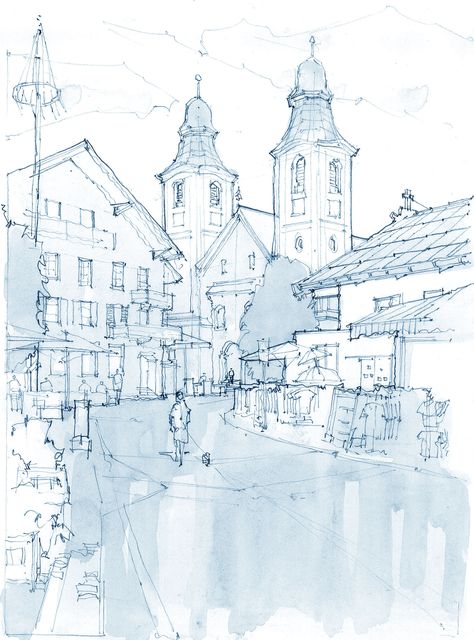 Town Square Drawing, Town Square Design, Town Sketch, Square Sketchbook, Urban Design Diagram, Drawing Patterns, First Human, Travel Sketchbook, Watercolor Architecture