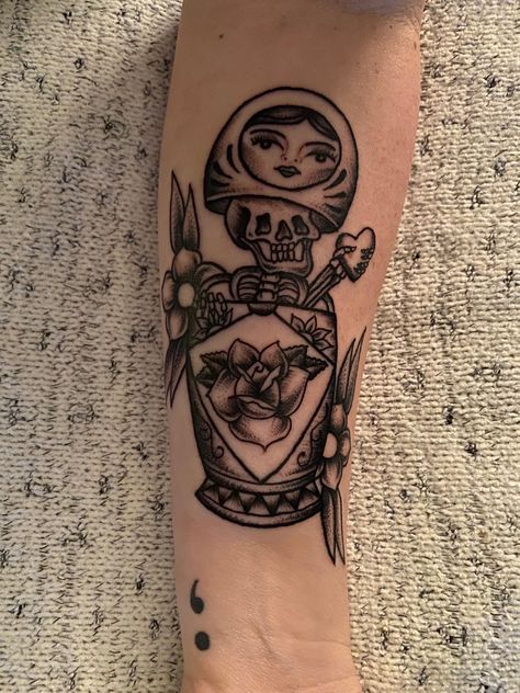 Russian Nesting Doll Tattoo, Russian Doll Tattoo, Nesting Doll Tattoo, Skeleton Heart, Doll Tattoo, Skeleton Tattoos, Russian Nesting Dolls, Tat Ideas, American Traditional Tattoo