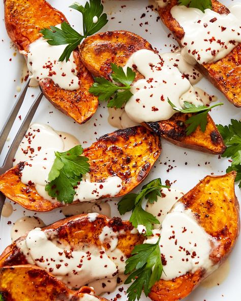 Roasted Sweet Potatoes with Tahini | PrimalGourmet Sweet Potatoes Tahini, Primal Gourmet, Easy Whole 30 Recipes, Sides Recipes, Roasted Sweet Potato, Whole30 Recipes, Paleo Diet Recipes, Paleo Whole 30, Veggie Side Dishes