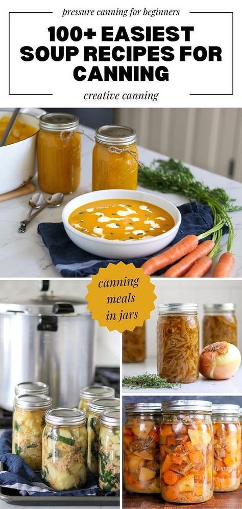 Discover 100+ easiest soup recipes for canning to make your meal prep a breeze. These simple and tasty recipes, including tomato soup, taco soup, and bone broth, are perfect for stocking up your pantry with homemade goodness. Find more soup appetizers, comfort soup recipes, healthy soup recipes, and Pressure Canning for Beginners at creative Canning Chicken Tortilla Soup, Soup Recipes To Can, Taco Soup Canning Recipe, Canning Potato Soup Recipes, Pressure Canning Soup Recipes, Beginner Canning Recipes, Pressure Canning For Beginners, Soups For Canning, Soup Recipes For Canning