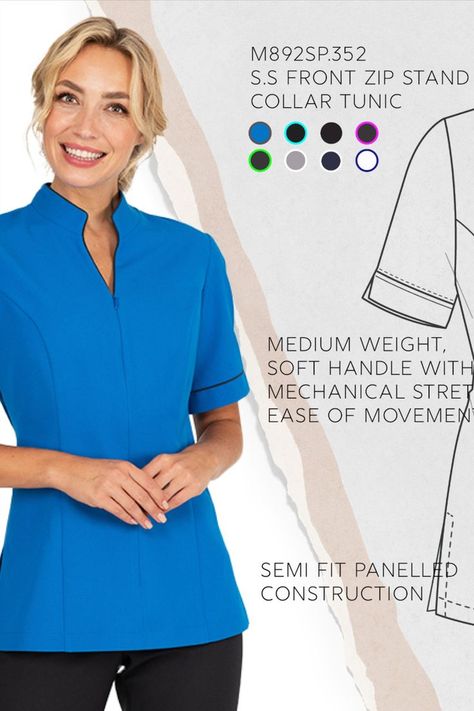 Lady wearing blue tunics with description of the tunic on the side and colour swatches available for the tunices Dental Uniforms, Beauty Uniforms, Spa Uniform, Healthcare Uniforms, Corporate Fashion, Corporate Wear, Medical Uniforms, Nurse Uniform, Uniform Design