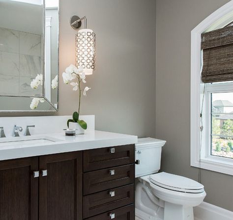 my bathroom- colors for the walls, trim and cabinet: grey walls, white counter, dark cabinets Dark Cabinets Bathroom, Dark Wood Bathroom, Brown Cabinets, Salon Suites, Stunning Bathrooms, Brown Bathroom, Bathroom Color, Trendy Bathroom, Up House