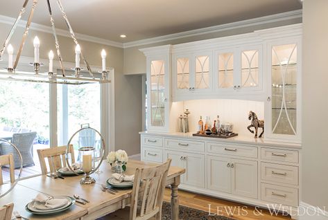 Custom Dining Room Cabinet Custom inset cabinetry with recessed panel with inside bead detail Mullion design is custom Paint color is Benjamin Moore White Dove Cupboard Organiser, Dining Room Buffet Decor, Dining Room Built Ins, Dining Room Built In, Built In China Cabinet, Built In Buffet, Inset Cabinetry, Custom Dining Room, Pale Oak