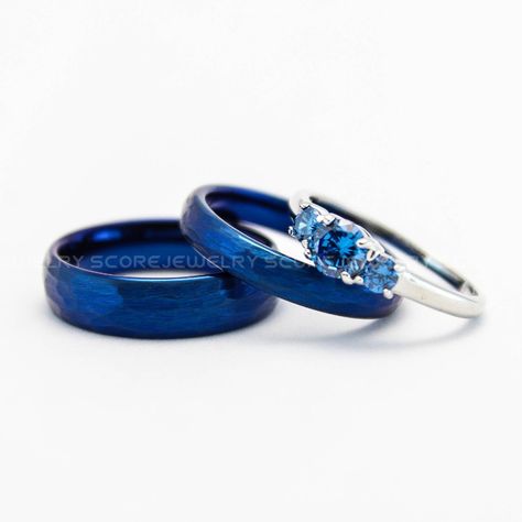 3 Piece Couple Set Wedding Rings, Blue Wedding Bands, Blue Hammered Tungsten Bands, Blue Wedding Rings, Blue Tungsten Wedding Rings Blue Wedding Rings Sets His And Hers, Blue And Purple Wedding Ring, His And Hers Rings Sets Couple, Blue Wedding Rings Sets, Blue Sapphire Wedding Ring Sets, Couple Wedding Rings Unique, Lesbian Engagement Ring, Royal Blue Ring, Wedding Rings Blue