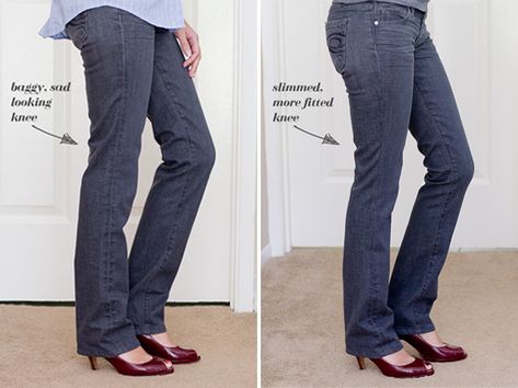 : ~$10 It’s a subtle difference, but Jeans Alterations, Diy Tailoring, Pants Inspiration, Refashion Jeans, Clothing Refashion, Altering Jeans, Creative Clothing, Sewing Alterations, Tailored Clothes