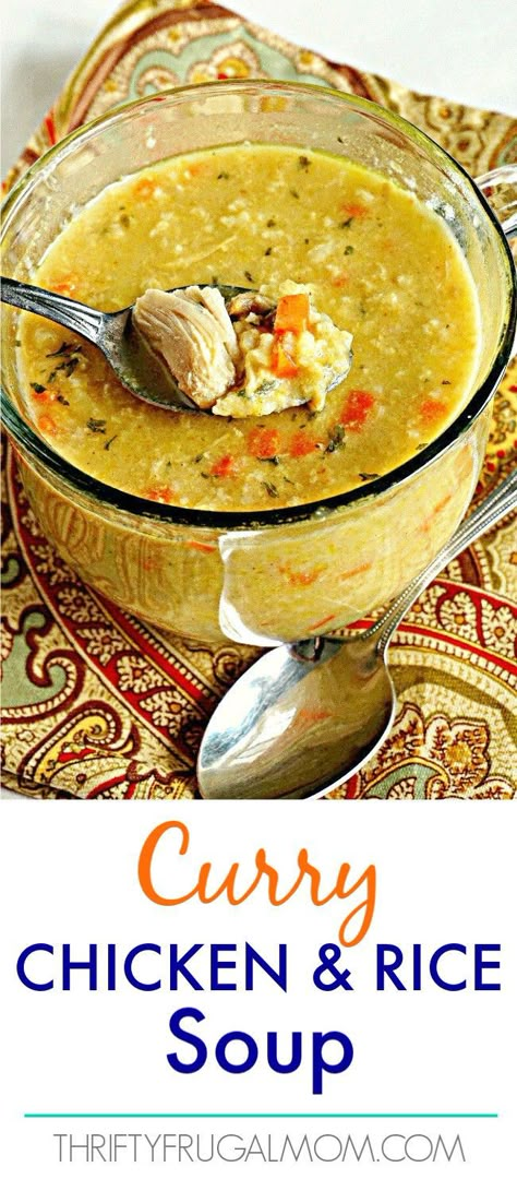 Curry Chicken and Rice Soup- an easy, comforting soup recipe that is inexpensive and family friendly! #thriftyfrugalmom #souprecipeseasy #chickenandricesoup Creamy Curry Chicken, Chicken Curry Soup, Curry Chicken And Rice, Creamy Curry, Rice Soup Recipes, Chicken Rice Soup, Comfort Soup Recipes, Comforting Soup, Curry Soup