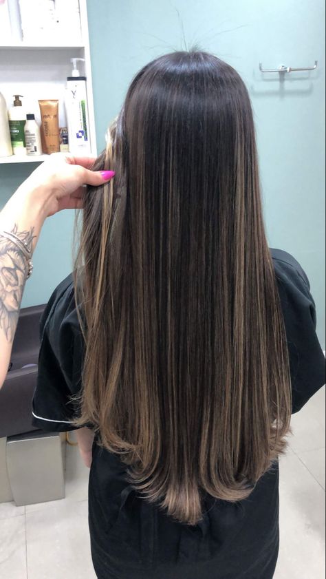 Cool Tone Caramel Balayage, Dark Brown Hair With Babylights Straight, Dark Brown Hair With Highlights And Lowlights Straight, Asian Lowlights, Black Hair Balyage, Straight Black Hair With Highlights, Asian With Highlights, Light Brown Balayage On Black Hair, Black Hair With Highlights Straight