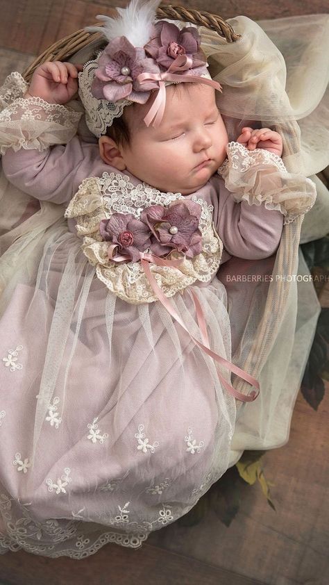 Does this sweet gown not steal your heart? This "Anna Belle" newborn gown by Frilly Frocks features a soft, soothing color palette of lavender and ivory lace. So much attention to details - from the lace overlay to the heart embellishment in front. So precious.  This vintage inspired day gown is perfect for baby's first portrait, "Take Me Home" or any special occasion. Consider adding the matching headband, bonnet and/or blanket to complete her look.  A great baby shower gift Soothing Color Palette, Day Gown, Infant Dresses, Newborn Girls, Diy Baby Clothes, Newborn Gown, Baby Faces, Foto Baby, Christening Gowns