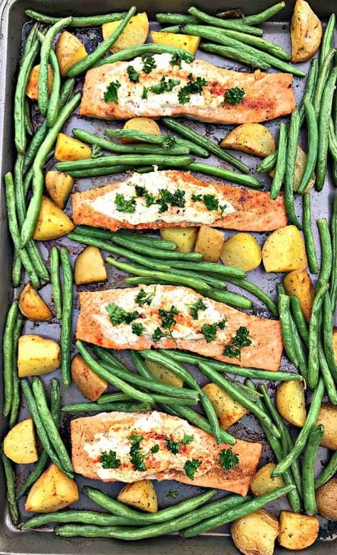 Roasted Potatoes And Green Beans, Herb Goat Cheese, Keto Sheet Pan, Salmon And Veggies, Stuffed Salmon, Potatoes And Green Beans, Goat Cheese Recipes, Healthy Pizza, Cheese Stuffed