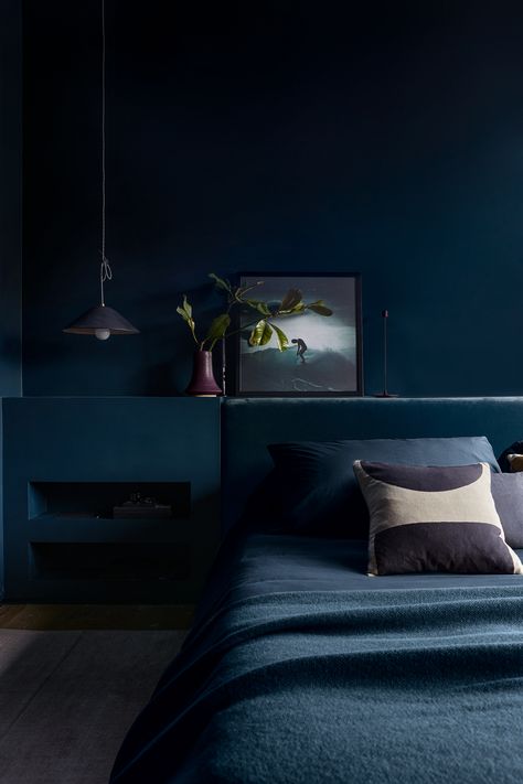 These 3 Paint Colors Transformed Garance Doré’s Just-Decorated Home Navy Upholstered Bed, Hague Blue, Brighter Bedroom, Navy Walls, Moody Bedroom, Dark Bedroom, Light Grey Walls, Deco Bedroom, Interiors Inspiration