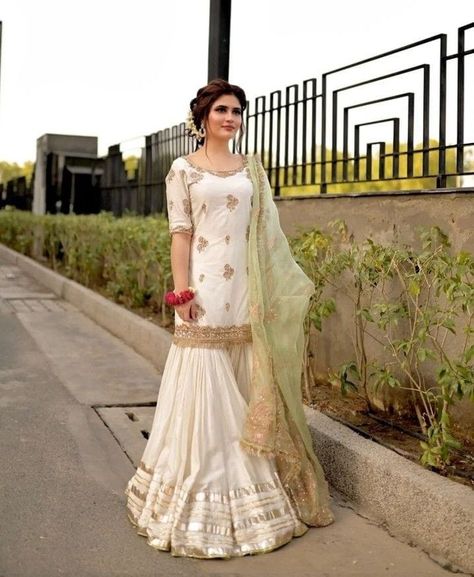 Nikha dresses ideas White Garara Dress, Saree Styles Modern, Lehenga Draping, Lehenga Patterns, Garara Dress, Lehenga Color Combinations, Modern Lehenga, Lehenga Styles, Lehenga Inspiration