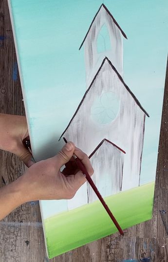 Painting Churches On Canvas, Pictures Of Churches Free Printable, Easy Farmhouse Paintings On Canvas, Church Paintings Ideas, Learn To Paint Beginners Step By Step, Church Drawing Sketch, Farmhouse Paintings On Canvas, Paintings Of Churches, Church Painting On Canvas