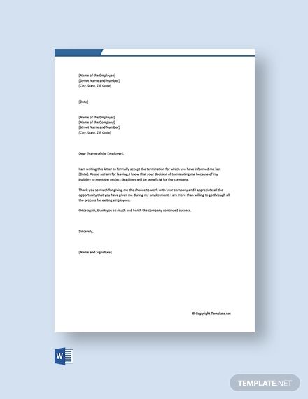 Instantly Download Free Termination Acceptance Letter by employee Template, Sample & Example in Microsoft Word (DOC) Format. Available in A4 & US Letter Sizes. Quickly Customize. Easily Editable& Printable. & Printable. Letter Of Interest Sample, Professional Reference Letter, Termination Letter, Job Images, Query Letter, Reference Letter Template, Acceptance Letter, Application Letters, Cover Letter Example