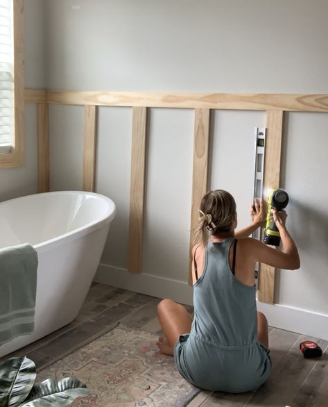 Adding a classic board and batten wall can completely change a space! Board And Batten Half Bath, Bathroom Board And Batten, Board And Batten Bathroom, Batten Bathroom, Fixer Upper Bedrooms, Batten Diy, Diy Board And Batten Wall, Diy Board And Batten, Batten Wall