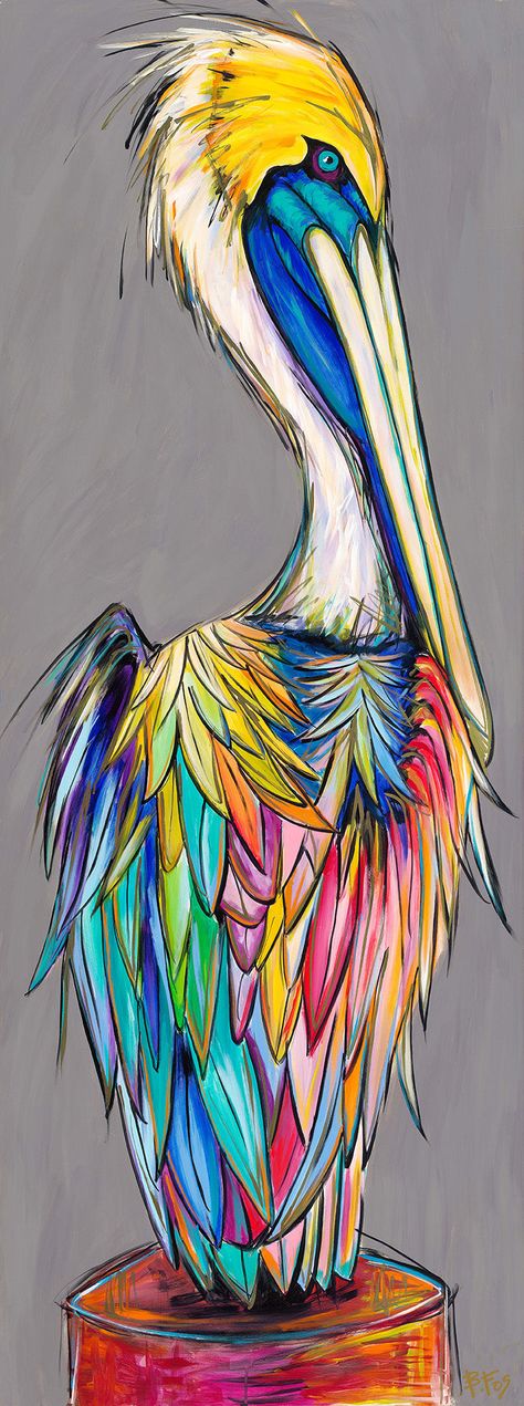 Although not her typical style Becky brings "Antoinette" and her two sisters (Adélaïde & Amélie) to life using Acrylic paint and brush with her iconic bright, bold colors, and line work.   *Original 30x80 B.Fos Artwork (Acrylic on Wood) Available Here Caribbean Animals, Pelican Art, Whimsical Art Paintings, Coastal Birds, Louisiana Art, Bird Watercolor Paintings, Bird Painting, Line Work, Tropical Art