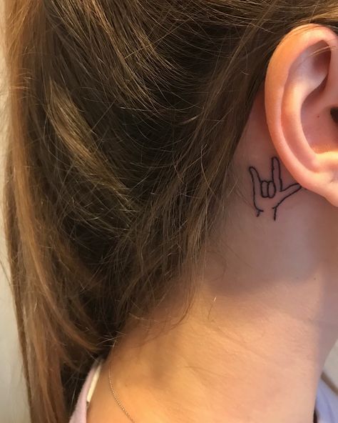 Asl I Love You Tattoo Behind Ear, I Love You In Asl Tattoo, Asl Ily Tattoo, I Love You Asl Tattoo Simple, Asl I Love You Tattoo, Deaf Tattoo Ideas, Ily Sign Language Tattoo, Asl Tattoo, Sign Language Tattoo