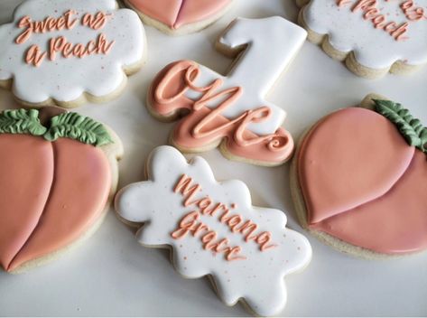 Sweet As A Peach First Birthday Cookies, Sweet One Peach First Birthday, Peach First Birthday Cookies, Sweet As Peach 1st Birthday, One Sweet Peach Birthday Cookies, Sweet As A Peach Cookies, Sweet Peach First Birthday Party, Sweet Peach Birthday, Peach Themed First Birthday Party