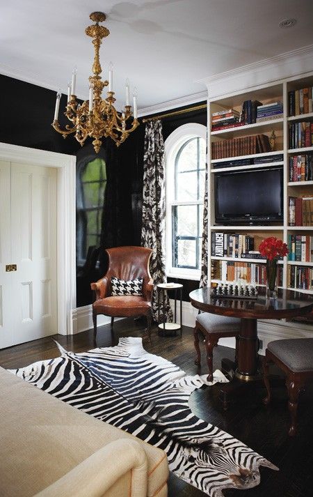 Cozy Libraries, David Jimenez, Eclectic Room Design, Canadian House, Sarah Richardson Design, Zebra Rug, Lacquered Walls, Book House, Black Rooms