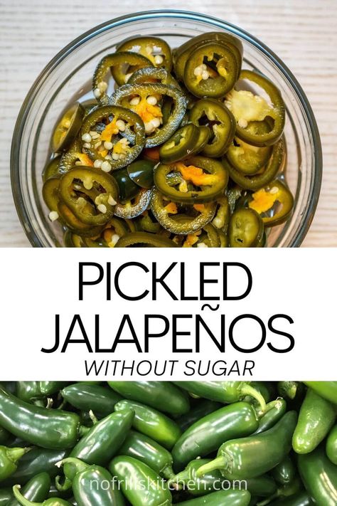 These quick pickled jalapeños without sugar are super easy to make and addictively delicious! Pickled Whole Jalapenos Recipe, Pickled Jalapeno Recipe, Canning Jalapeno Peppers, Pickled Apples, Pickled Jalapeno Peppers, Canned Jalapenos, Pickled Jalapenos, Candied Jalapenos, Fermented Pickles