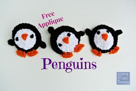 Free Playful Penguin #Crochet Applique Pattern to add character to any hats, scarves, totes, or cozies. Easy to make! | SimplyCollectibleCrochet.com Penguin Crochet, Crochet Ornament Patterns, Crochet Embellishments, Crochet Penguin, Penguin Pattern, Crochet Gratis, Crochet Ornaments, Applique Pattern, Crochet Applique