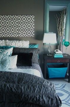 Gray and Turquoise Bedroom contemporary-bedroom Gray And Turquoise Bedroom, White And Turquoise Bedroom, Turquoise Bedroom Decor, Turquoise Bedroom, Dark Academia Room Decor, Turquoise Room, Bedroom Gray, Bedroom Turquoise, Teal Bedroom