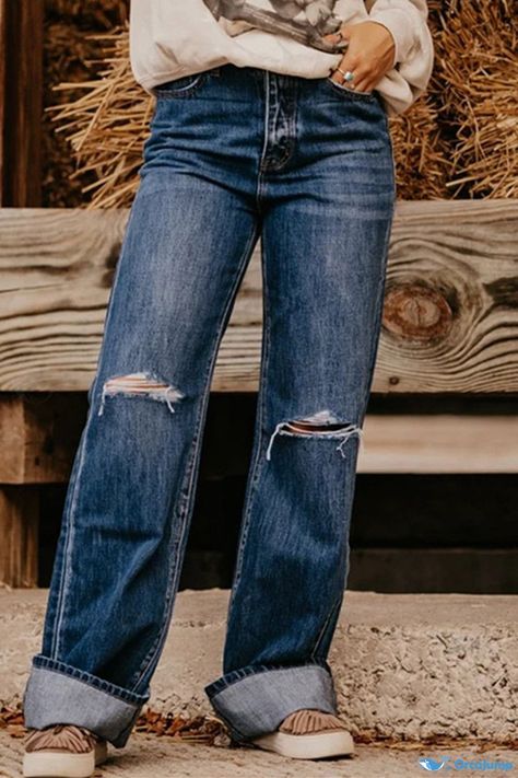 OrcaJump - Womens Dark Blue Solid Ripped Denim High Waist Straight Jeans Ripped Western Jeans, Western Ripped Jeans, Western Jeans Women, Cute Casual Country Outfits, Western Jeans Womens, Cute Western Jeans, Western Women Jeans, Cute Fall Jeans, Western Punchy Outfits