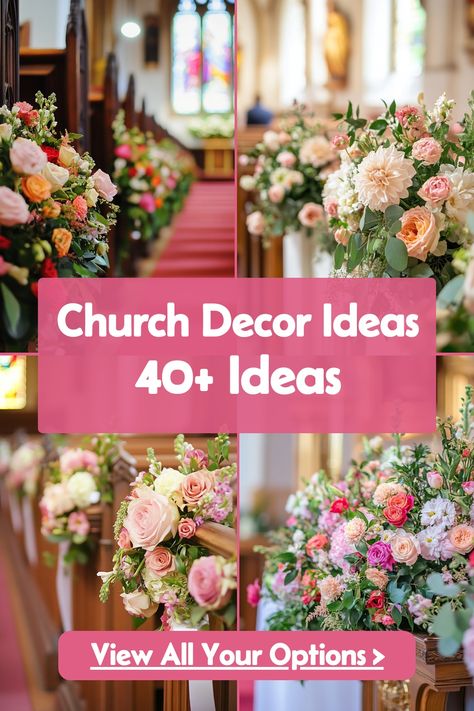 Discover 49 elegant church pew flowers that will enhance your wedding. From classic arrangements to modern designs, these florals are perfect for any style. See all the beautiful options now! #ElegantPews #ChurchDecor #WeddingFlowers Flowers For Pews Wedding, Pew Hangers Aisle Decorations, Chapel Flower Arrangements, Wedding Flowers At Alter, Flowers For Cross Wedding, Pew Flowers Wedding Church, Church Wedding Aisle Decorations, Church Decorations Ideas Altars, Church Wedding Decorations Elegant