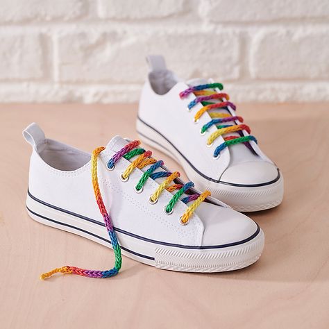 Crochet Shoe Laces, Crochet Shoe, Rainbow Laces, Simply Crochet, Crochet Geek, Vintage Photoshoot, Tie Pattern, Rainbow Crochet, Crochet Shoes