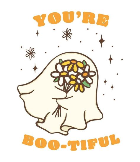 Cute Halloween shy ghost with daisy flower bouquet, kawaii Retro floral spooky, you are boo tiful, cartoon doodle outline drawing illustration idea for greeting card, t shirt design and crafts. Daisy Flower Bouquet, Ghost Drawing, Boo Tiful, Cartoon Doodle, Vector Character Design, Flower Outline, Outline Drawing, Doodle Illustration, Outline Drawings