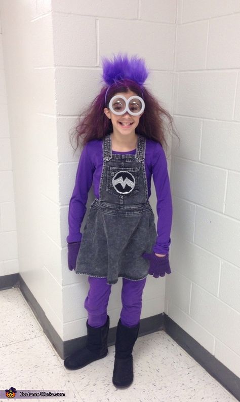 Purple Minion Halloween Costume, Evil Minion Costume, Girl Minion Costume, Purple Minion Costume, Minion Girl, Diy Minion Costume, Evil Minion, Minion Costume, Jumper Ideas