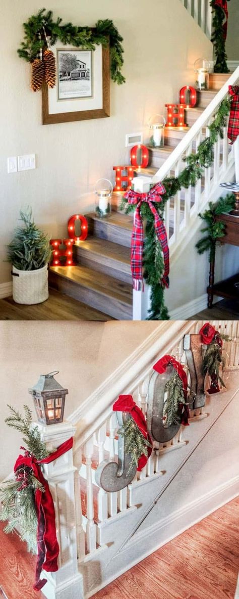 100+ Favorite Christmas decorating ideas for every room! Lots of great tips to apply to your own home easily with gorgeous DIY Christmas decorations! by hallie Christmas Stairs, Christmas Staircase, Christmas Decorating Ideas, Diy Christmas Decorations, Fun Christmas Decorations, Diy Christmas Decorations Easy, Easy Christmas Diy, Noel Christmas, Christmas 2019