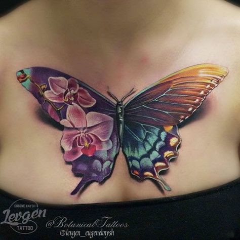 Butterfly and orchid tattoo A Butterfly Tattoo, Realistic Butterfly Tattoo, 3d Butterfly Tattoo, Orchid Tattoo, Finger Tats, Tattoo Henna, Geniale Tattoos, Botanical Tattoo, 3d Tattoos