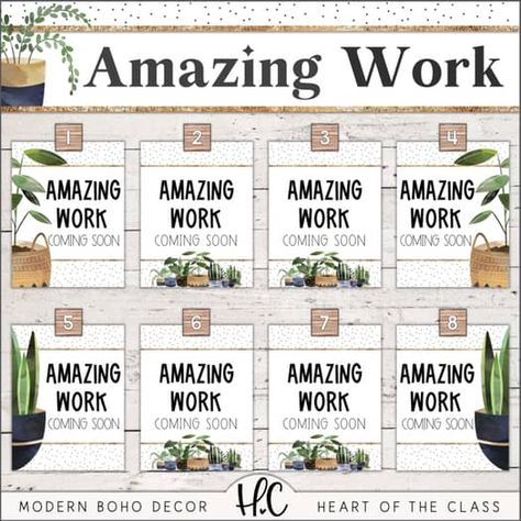 Heart of the Class | Teachers Pay Teachers Amazing Work Coming Soon, Boho Bulletin Board, Student Work Display, Plants Classroom, Neutral Classroom, Boho Plants, Neutral Classroom Decor, Work Bulletin Boards, Student Numbers