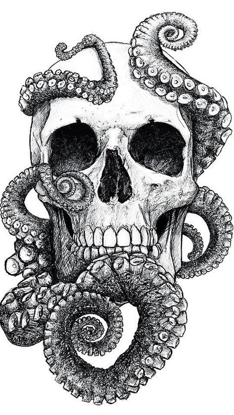 Skulls: #Skull with octopus tentacles.                                                                                                                                                     More Octopus Skull Tattoo, Tentacle Tattoo, Octopus Skull, Octopus Tattoos, Kunst Tattoos, Octopus Tattoo, Desenho Tattoo, A Skull, Skull Tattoos